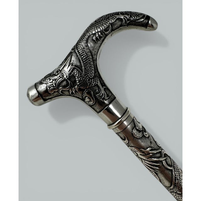Antique Chinese Sterling Silver Qing Lady’s Walking Swagger Stick Cane 2 Dragons For Sale - Image 6 of 8