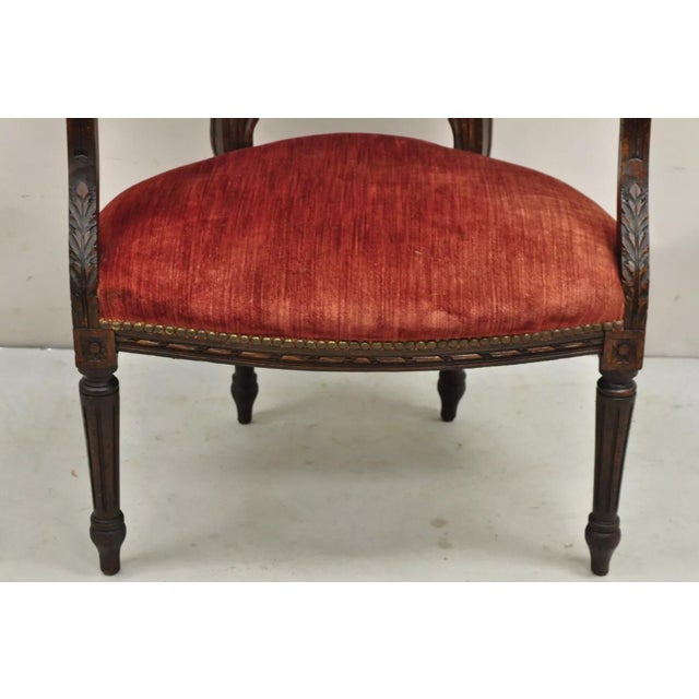 Late 19th Century Antique French Louis XVI Style Carved Walnut Needlepoint Red Fauteuil Armchair For Sale - Image 11 of 12