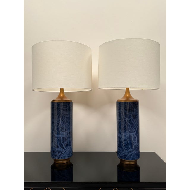 Transitional Navy Blue Malachite Pattern Lamps by John Richards - a Pair For Sale - Image 12 of 12