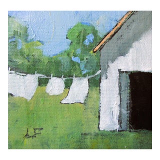 Miniature Farm Barn Laundry 4x4 Art Lynne French Clothesline Landscape O/C For Sale
