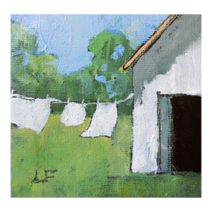 Miniature Farm Barn Laundry 4x4 Art Lynne French Clothesline Landscape O/C