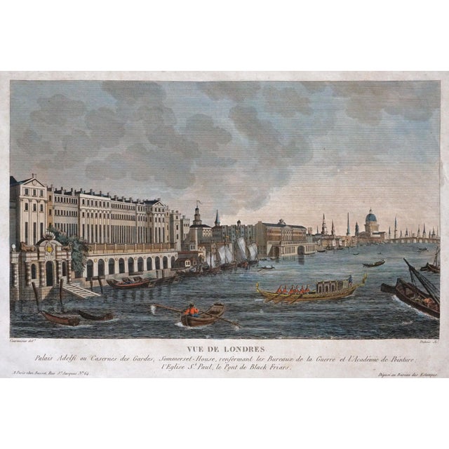 Antique perspective engraving titled Vue de Londres, depicting the Thames riverfront and several of London’s most notable...