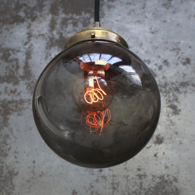 Mid-Century Modern Vintage Dutch Smoked Glass and Brass Pendant Light For Sale - Image 3 of 7