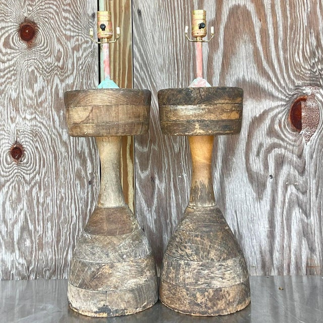 Wood Vintage Rustic Sculptural Turned Wood Table Lamps, Pair For Sale - Image 7 of 14