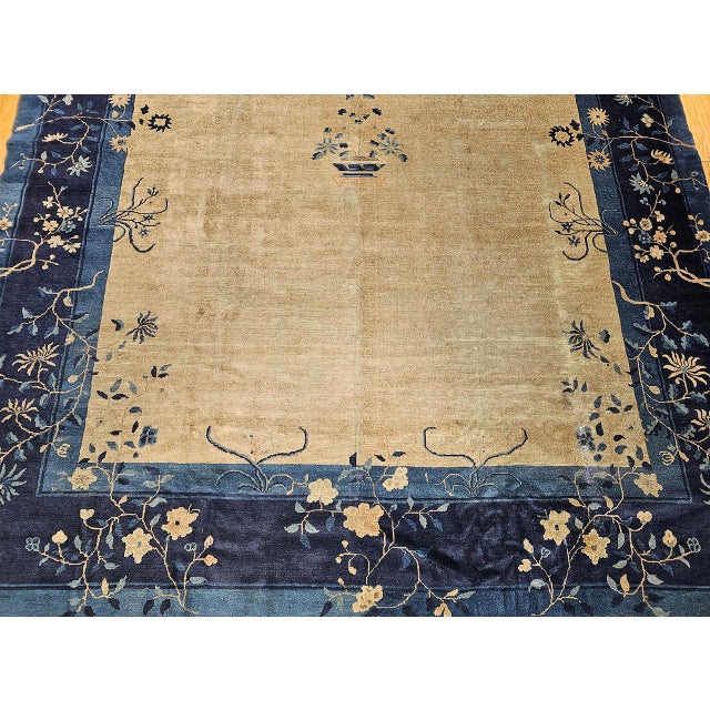 Antique Chinese Peking Rug, Wool Pile, Tan Field, Navy Border, 9' x 12' For Sale - Image 12 of 17