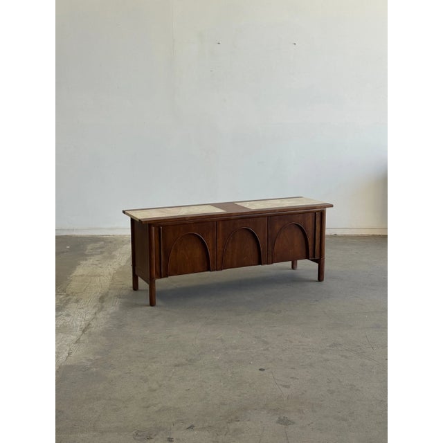 1960s Arched Walnut Credenza With Stone Inlay Top For Sale - Image 4 of 15