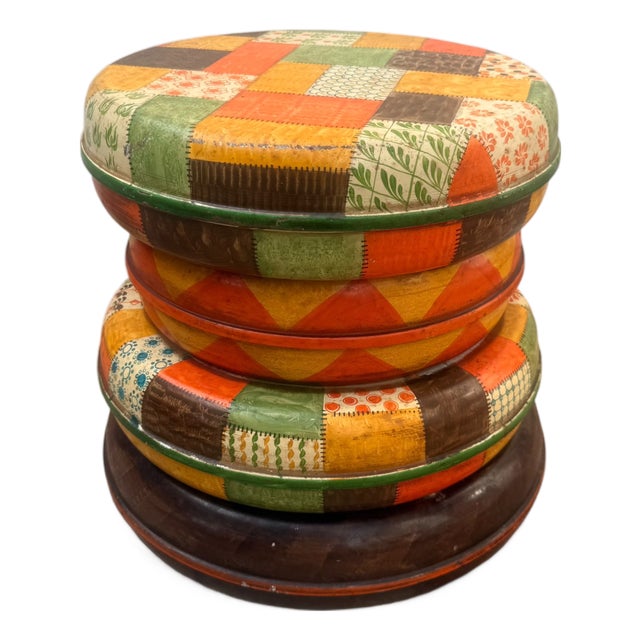 Vintage Italian Hand-Painted Metal Patchwork Drum Stool / Side Table For Sale