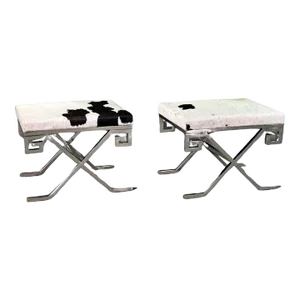 Mid Century Modern Style GreeK Key Steel and Cowhide Foot Stools - A Pair