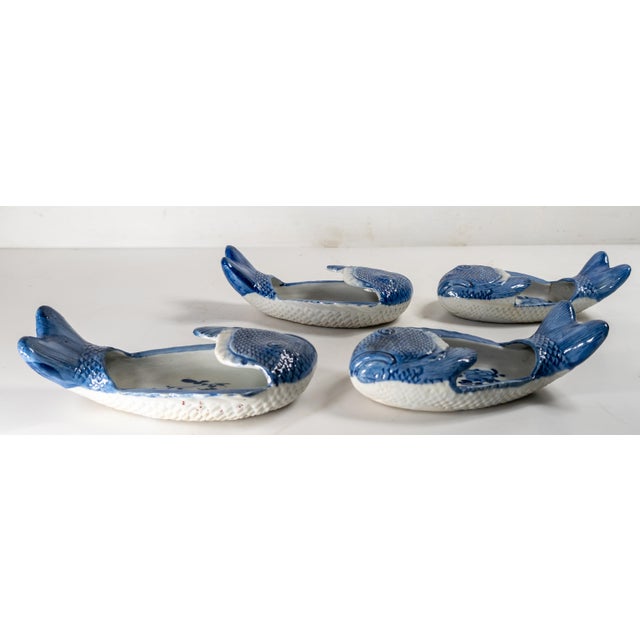 Ceramic Early 20th Century Set of 4 Japanese Blue and White Fish Form Condiment Dishes For Sale - Image 7 of 13