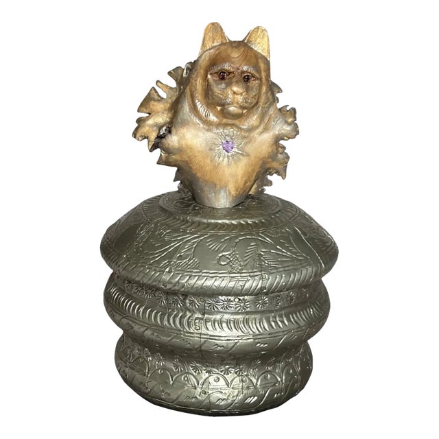 Ooak Carved Lion/Natural Gems/Antique Jaipur Box For Sale