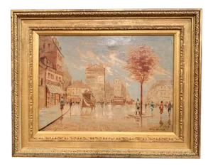 Midcentury French Parisian Scene Oil Painting in Gilt Frame Signed A. Blanchard