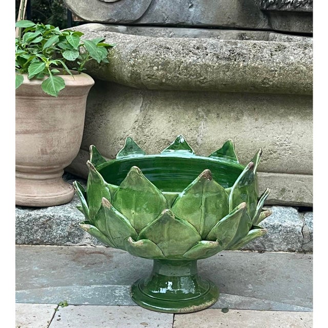 Ceramic Italian Majolica Artichoke Pedestal Bowl, Emerald Green For Sale - Image 7 of 8