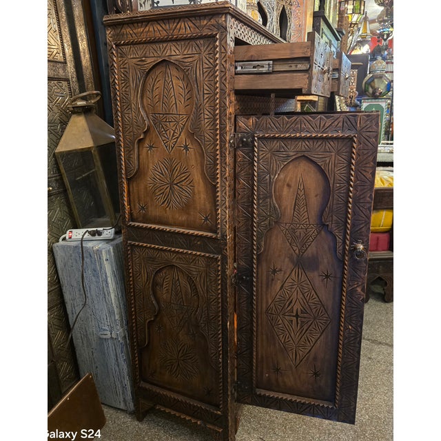 Moroccan Hand Carved Wooden Accent Cabinet, Tall Chlhaoui Berber Style For Sale - Image 11 of 12