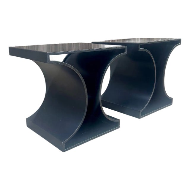 Modern "Alec" side table by NOIR Trading. Industrial steel with a matte black finish. Unmarked. Retail for $1500 each.