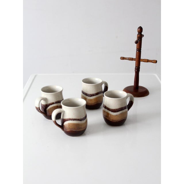 Ceramic Vintage Handmade Studio Pottery Mug Set With Wooden Stand - Set of 5 For Sale - Image 7 of 17