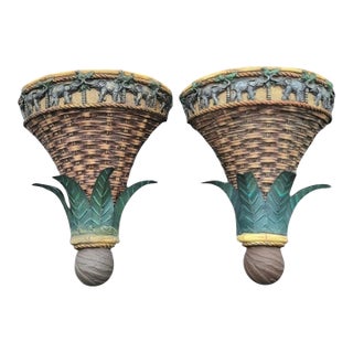 Vintage Tropical Elephant Tole Palm Weaved Wall Bracket Sconce Shelves- A Pair For Sale