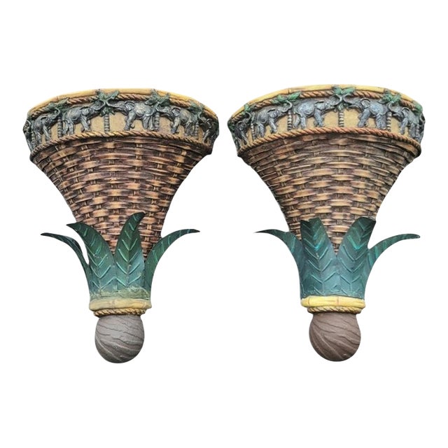 Vintage Tropical Elephant Tole Palm Weaved Wall Bracket Sconce Shelves- A Pair For Sale