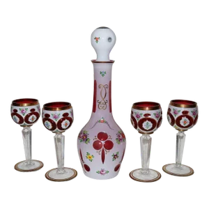 1940s Bohemian Cased Cranberry Decanter & 4 Glasses