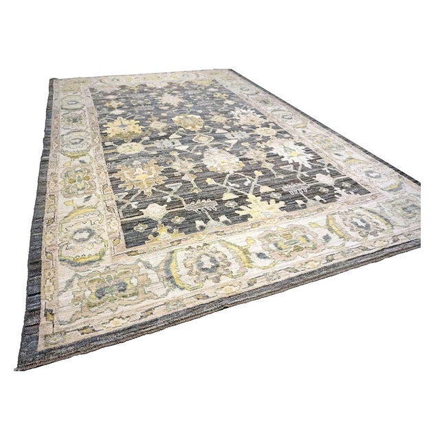 Traditional 21st Century Turkish Oushak Wool 9x14 Charcoal, Ivory & Yellow Handmade Area Rug #1144102 For Sale - Image 3 of 11