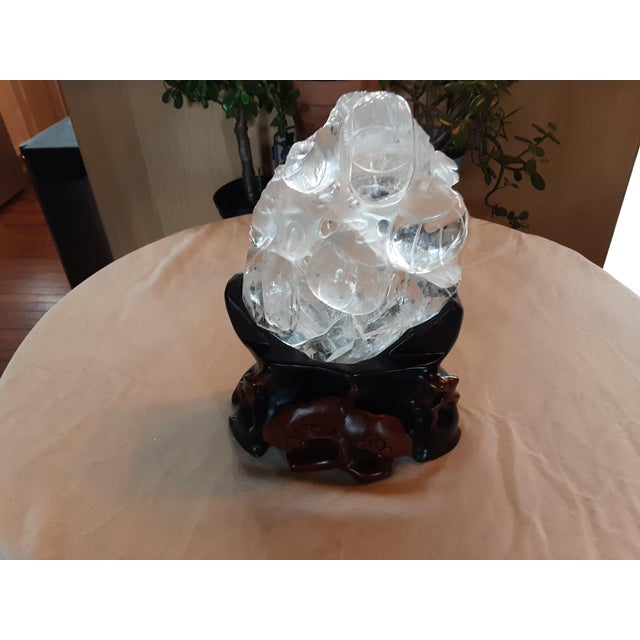 Chinese Early 20th Century Chinese Hand Carved Crystal Sculpture on a Rosewood Stand For Sale - Image 3 of 11