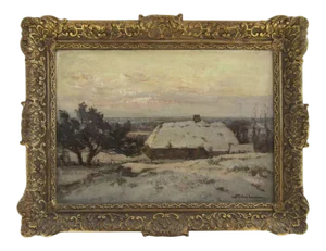 Early 20th Century Dutch Winter Farm Scene Oil Painting by David Schulman, Framed
