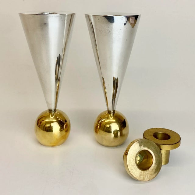 Metal Geometric Postmodern Sterling Silver and Brass Plated Candle Holders - a Pair For Sale - Image 7 of 11