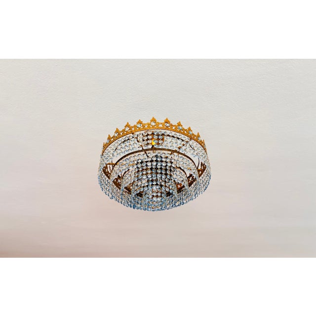 1960s Vintage French Crown Style Flush Mount Brass Chandelier With Soft Blue Crystals⁠ For Sale - Image 6 of 17