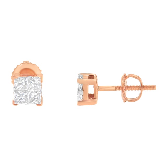 A pair of square stud earrings with a cluster of four princess cut diamonds. These diamonds are set in a composite manner,...
