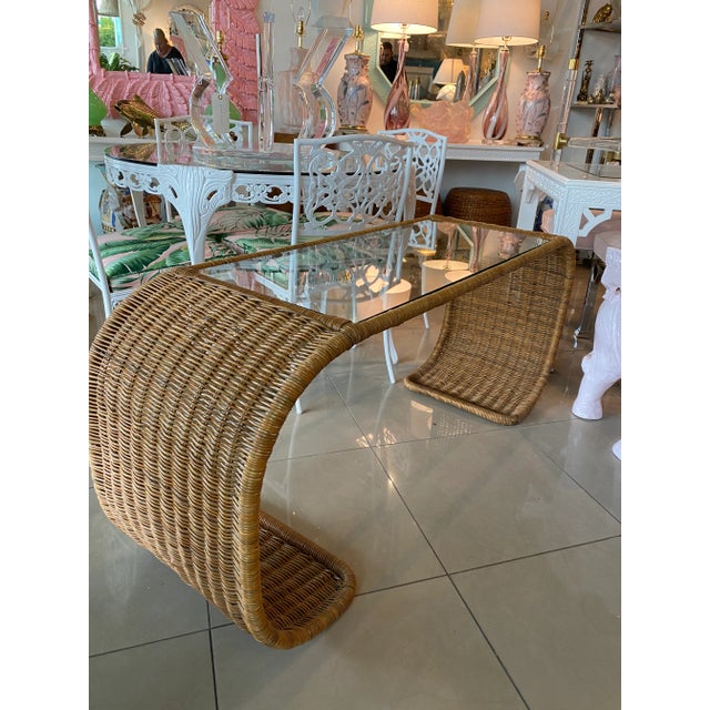 Wood Vintage Wicker Scroll Ming New Glass Top Console Sofa Table For Sale - Image 7 of 13