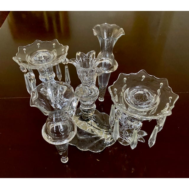 1950's Vintage Cambridge Glass 3 Candle Candelabra With Two Epergne Bud / Floral Vases For Sale - Image 9 of 12