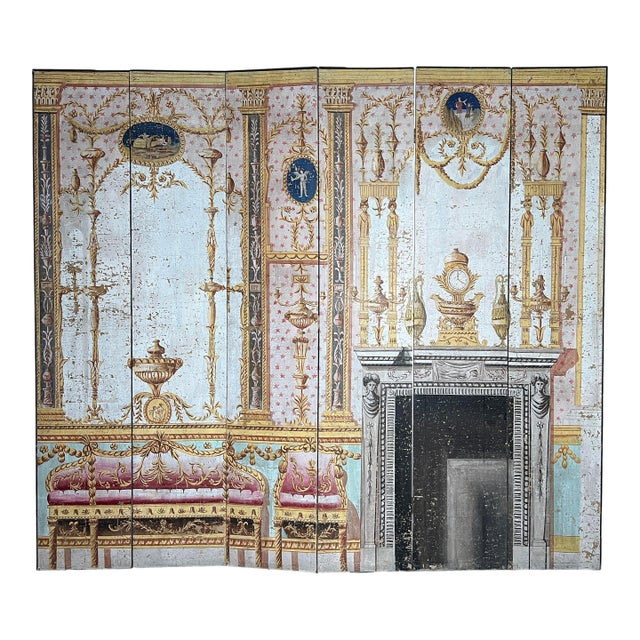 Large Neoclassical Pompeian Style Six Panel Folding Screen With Trompe L’Oeil Interior Scene For Sale