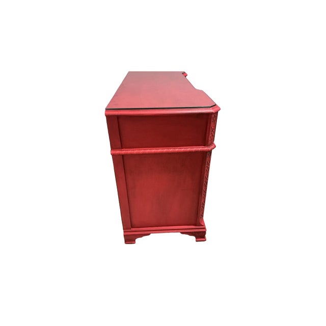Asian Writing Desk Painted Red Brass Hardware Rope Turn Trim Glass Top 7 Drawers For Sale - Image 9 of 12