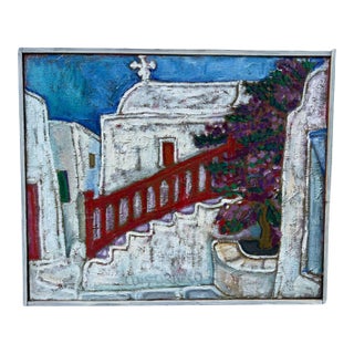 Vintage Framed Oil on Canvas of Mediterranean Stairway With Bougainvillea, Signed For Sale