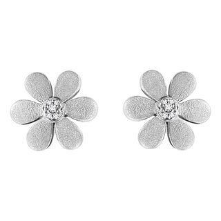 Matte Finished .925 Sterling Silver Diamond Accent Flower Hoop Stud Earring (I-J Color, I1-I2 Clarity) For Sale