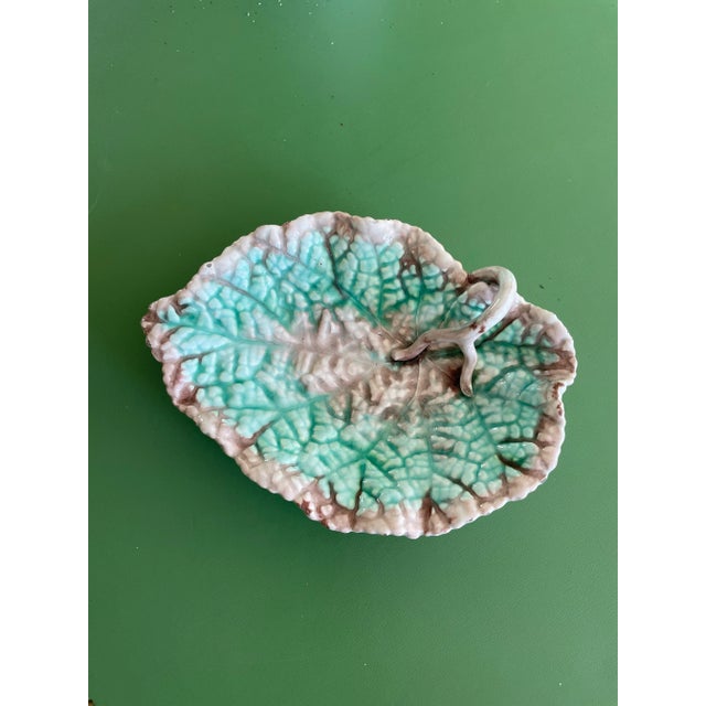 This beautiful Majolica leaf plate is in wonderful condition. It is in the form of a leaf with and overturned stem to form...
