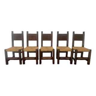 Brutalist Dining Chairs in Sculpted Oak, 1950s, Set of 5 For Sale