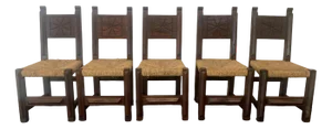 Brutalist Dining Chairs in Sculpted Oak, 1950s, Set of 5