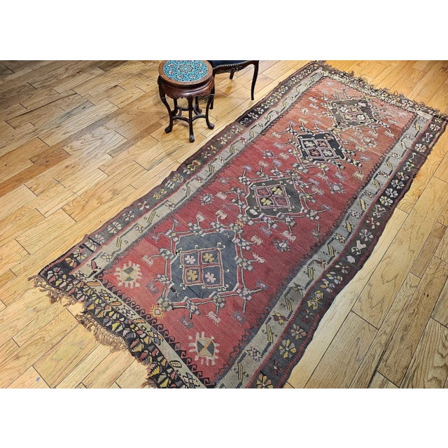 Vintage Turkish Tribal Kilim, Flat-Woven Medallion Pattern, Burgundy & Ivory, 5’ X 11’ For Sale - Image 4 of 12