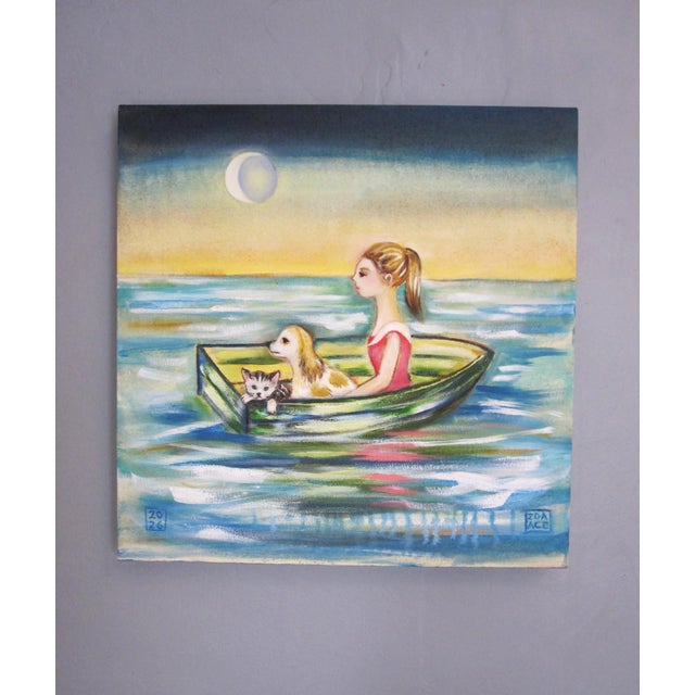 Bon Voyage depicts a serene scene of a young girl in a small boat, accompanied by a dog and a cat, gliding through...