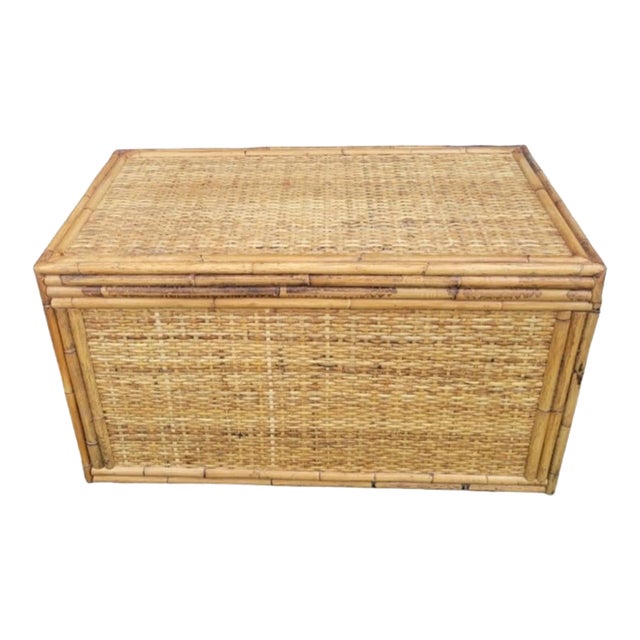 Vintage Bielecky Brothers Style Bamboo Wicker Storage Coffee Table Trunk For Sale