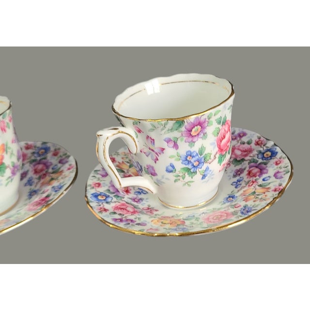 English Vintage Crown Staffordshire Fine Bone China Floral Springtime Coffee Cups & Saucers Set- 4 Pieces For Sale - Image 3 of 6