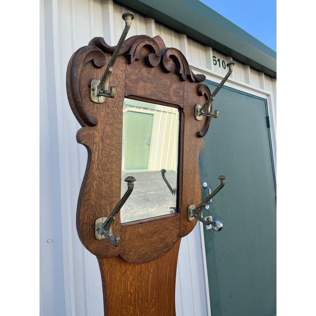 Antique Tall Tiger Oak Hall Seat With Mirror For Sale - Image 9 of 12