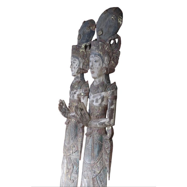 Antique Pair of 19th Large Carved Wood Statues of Thai Theppanom Buddhist Angel Deities For Sale - Image 9 of 11