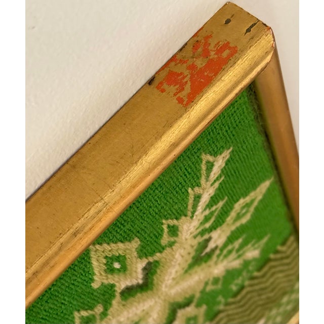 Vintage 1976 Needlepoint Sampler in Shades of Green With Original Gold Frame, Artist Signed For Sale - Image 9 of 12