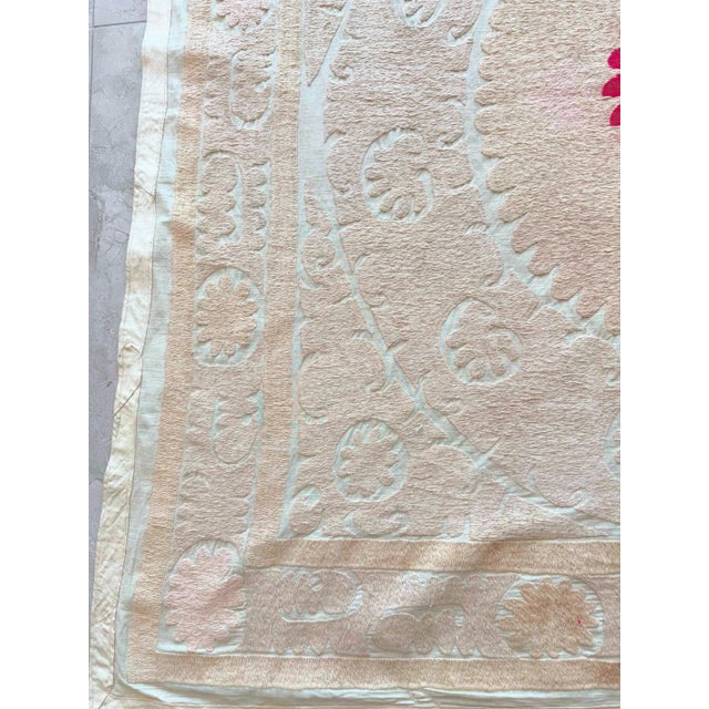 Mid-Century Modern Handmade Neutral Tan Suzani From Tashkent 4'7'' X 4'7'' For Sale - Image 3 of 7