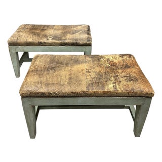 Antique Distressed Leather Painted Benches For Sale