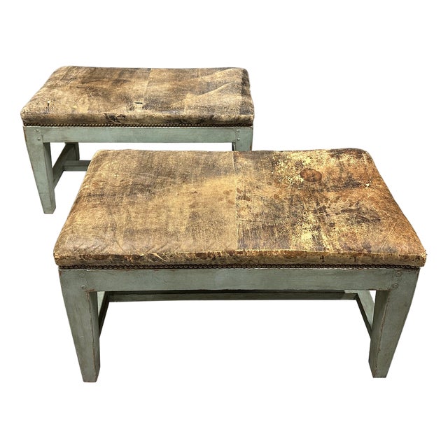 Antique Distressed Leather Painted Benches For Sale