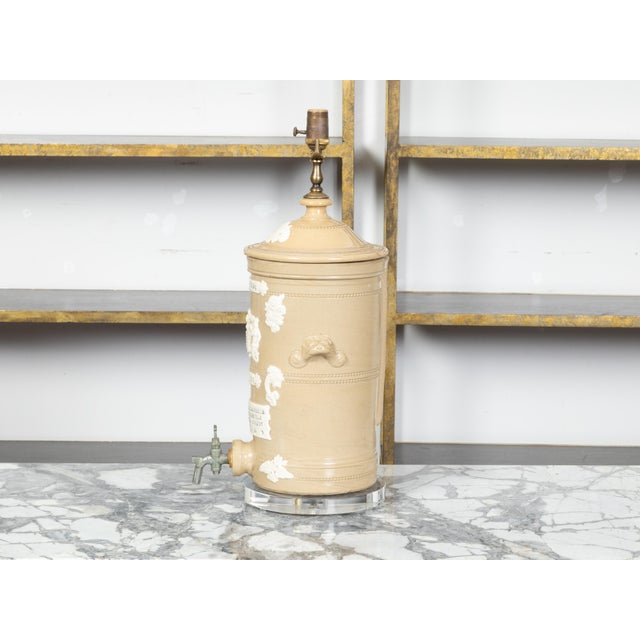 19th Century English Cream Glazed Stoneware Water Filter Made into a Wired Lamp For Sale In Atlanta - Image 6 of 11