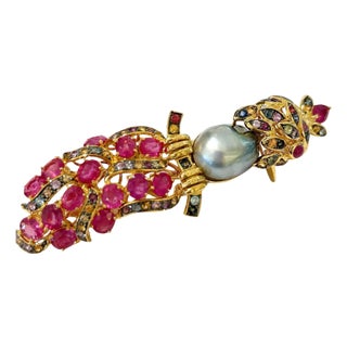 The Bochic "Orient" Pearl, Rubies & Sapphires Pendant Set In 18K Gold & Silver For Sale