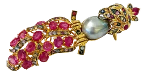The Bochic "Orient" Pearl, Rubies & Sapphires Pendant Set In 18K Gold & Silver